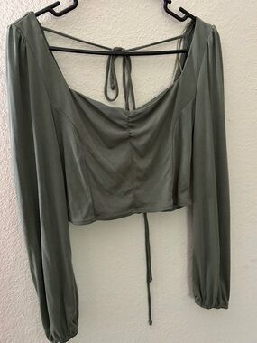 Sage Green Long-Sleeve Cropped Tie-Back Top